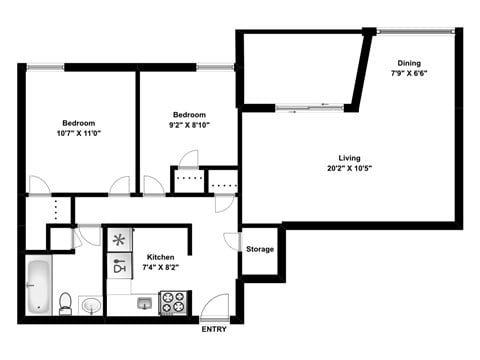 Floor plan for 2 beds, 1 bath, 752 sqft
