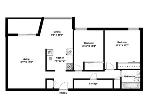 Floor plan for 2 beds, 1 bath, 870 sqft
