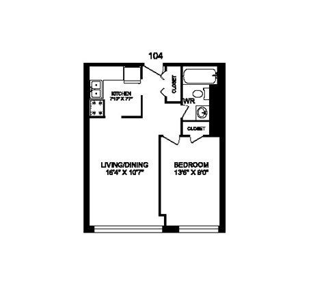Floor plan for 1 bed, 1 bath, 542 sqft
