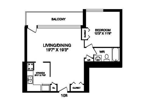 Floor plan for 1 bed, 1 bath, 705 sqft