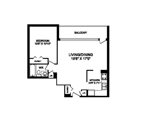 Floor plan for 1 bed, 1 bath, 697 sqft
