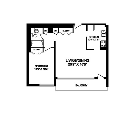 Floor plan for 1 bed, 1 bath, 773 sqft