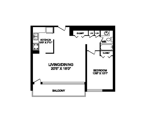 Floor plan for 1 bed, 1 bath, 763 sqft