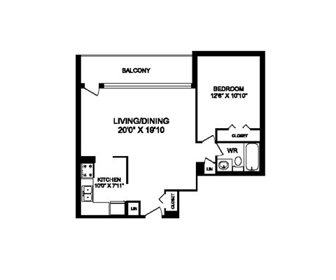 Floor plan for 1 bed, 1 bath, 696 sqft
