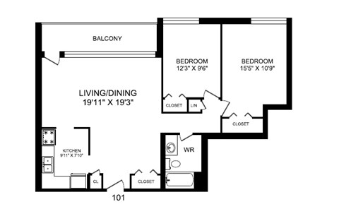 Floor plan for 2 beds, 1 bath, 943 sqft