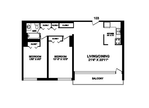 Floor plan for 2 beds, 1 bath, 1060 sqft