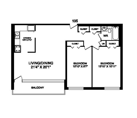 Floor plan for 2 beds, 1 bath, 1030 sqft