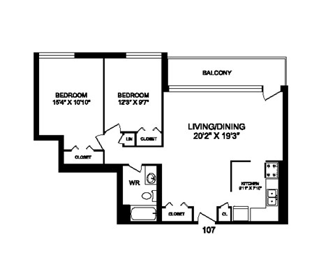 Floor plan for 2 beds, 1 bath, 953 sqft