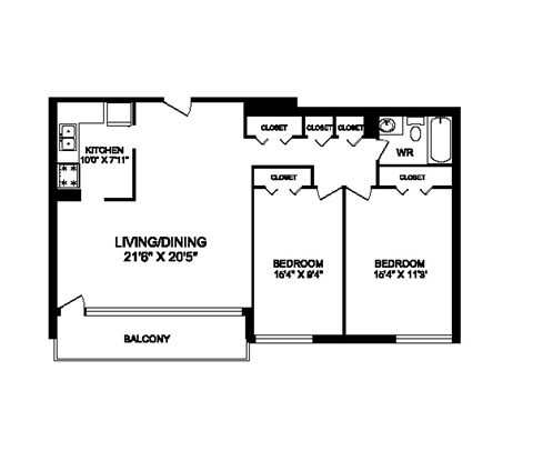 Floor plan for 2 beds, 1 bath, 1013 sqft