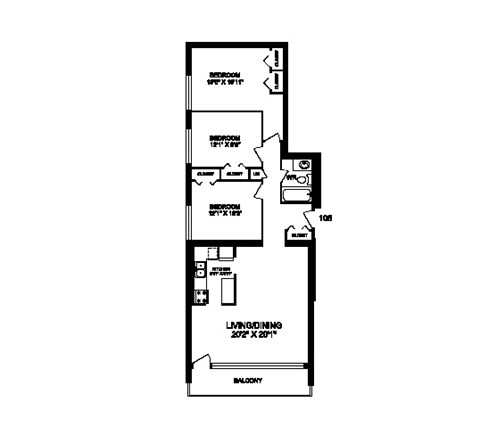 Floor plan for 3 beds, 1 bath, 1167 sqft