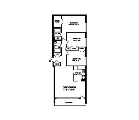 Floor plan for 3 beds, 2 baths, 1257 sqft