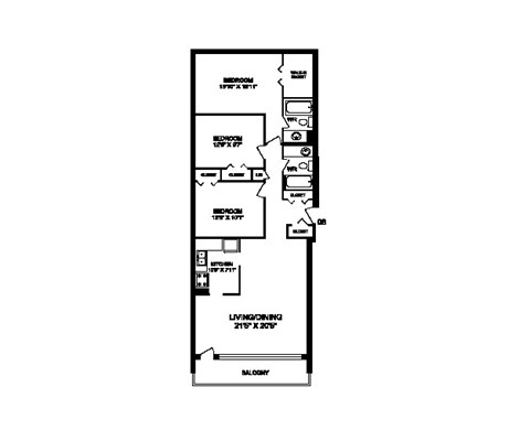 Floor plan for 3 beds, 2 baths, 1258 sqft