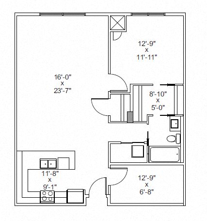 Floor plan for 1 bed, 1 bath, 972 sqft