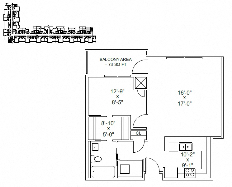 Floor plan for 1 bed, 1 bath, 720 sqft
