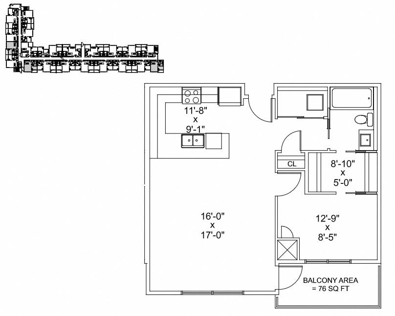 Floor plan for 1 bed, 1 bath, 746 sqft