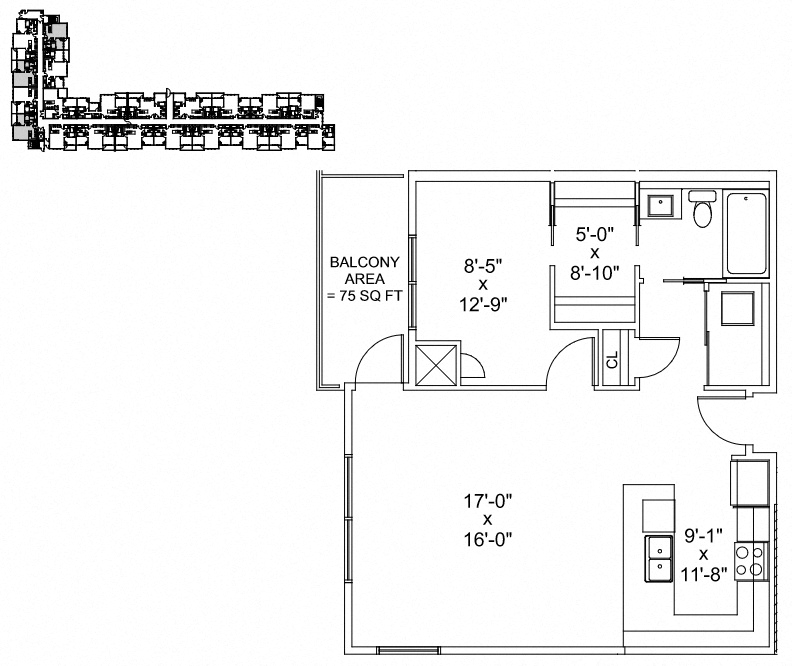 Floor plan for 1 bed, 1 bath, 748 sqft