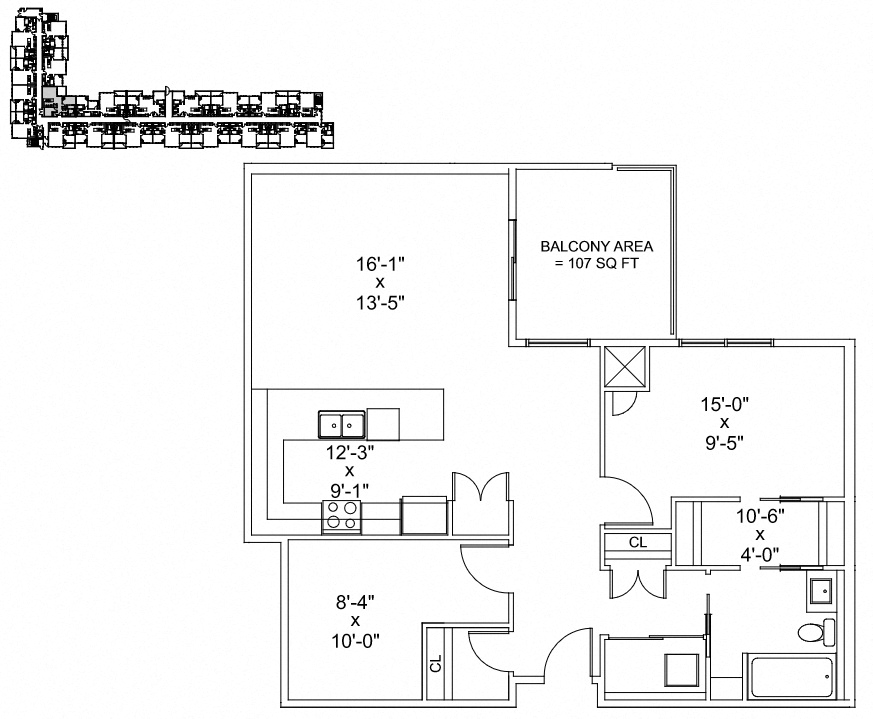 Floor plan for 1 bed, 1 bath, 1020 sqft