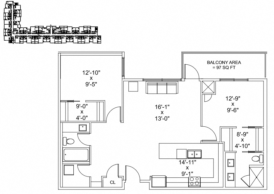 Floor plan for 2 beds, 2 baths, 1058 sqft
