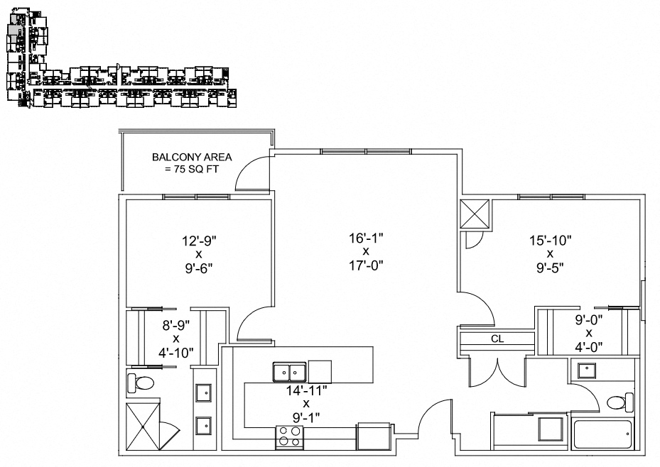 Floor plan for 2 beds, 2 baths, 1118 sqft