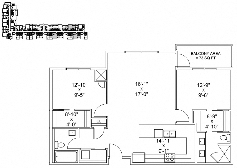 Floor plan for 2 beds, 2 baths, 1047 sqft