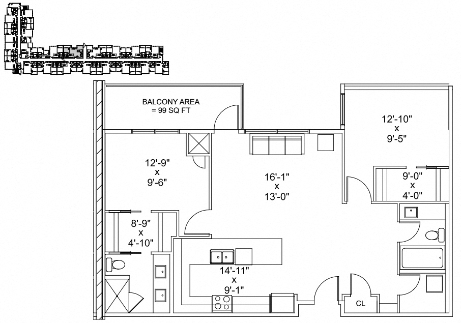 Floor plan for 2 beds, 2 baths, 1067 sqft