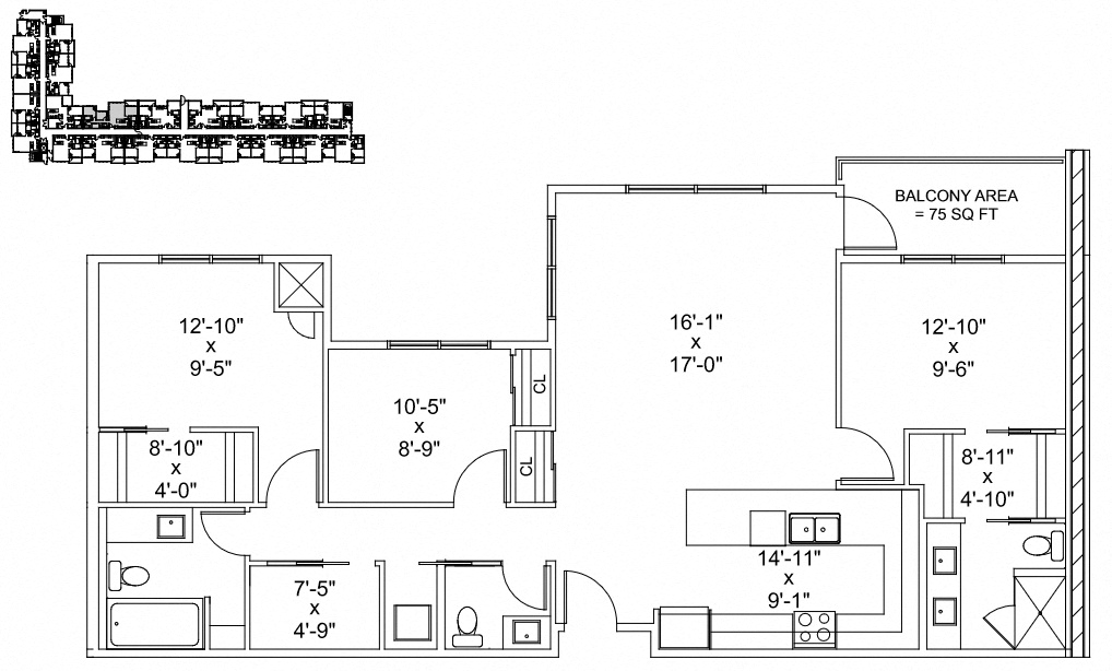 Floor plan for 3 beds, 2.5 baths