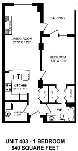 Floor plan for 1 bed, 1 bath, 840 sqft