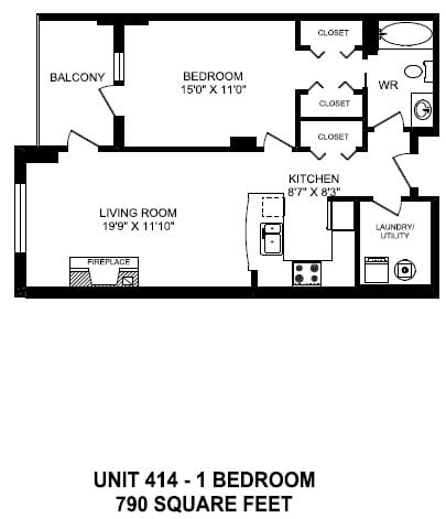 Floor plan for 1 bed, 1 bath, 790 sqft