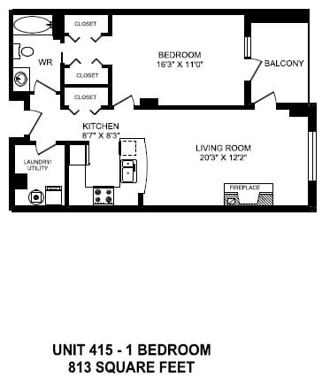 Floor plan for 1 bed, 1 bath, 813 sqft