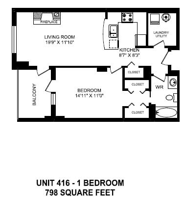 Floor plan for 1 bed, 1 bath, 798 sqft