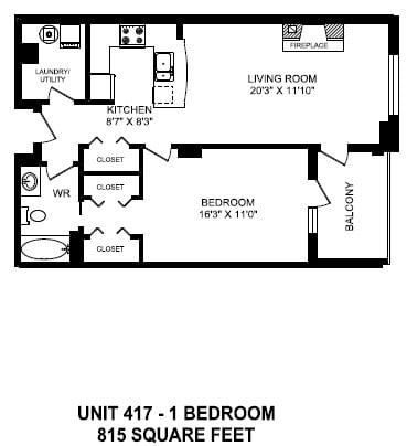 Floor plan for 1 bed, 1 bath, 815 sqft