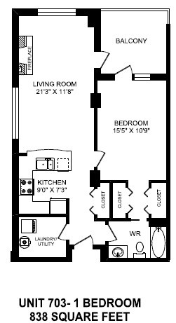 Floor plan for 1 bed, 1 bath, 838 sqft