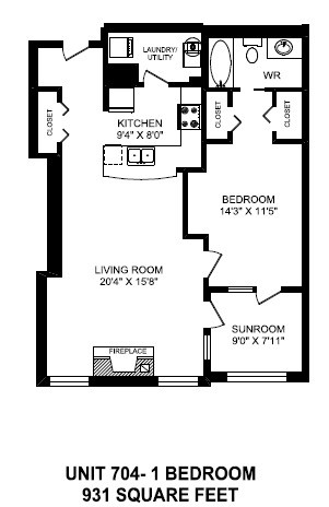 Floor plan for 1 bed, 1 bath, 931 sqft
