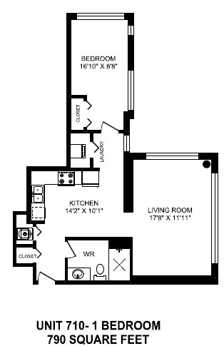 Floor plan for 1 bed, 1 bath, 790 sqft