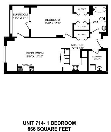 Floor plan for 1 bed, 1 bath, 866 sqft