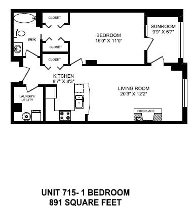 Floor plan for 1 bed, 1 bath, 891 sqft
