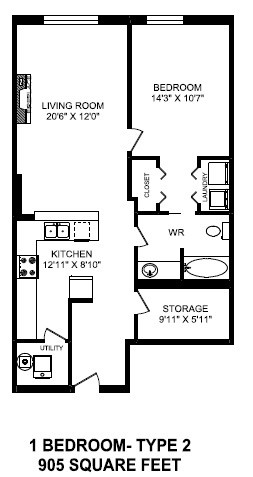 Floor plan for 1 bed, 1 bath, 905 sqft