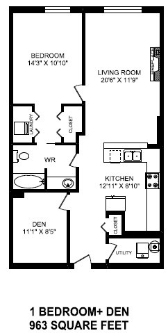 Floor plan for 1 bed, 1 bath, 963 sqft