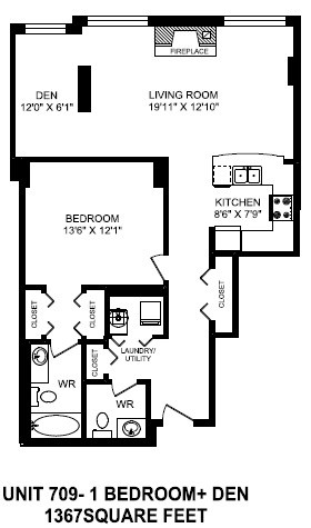 Floor plan for 1 bed, 1.5 baths, 812 sqft