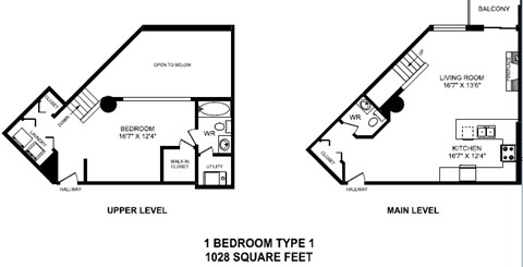 Floor plan for 1 bed, 1.5 baths, 1028 sqft