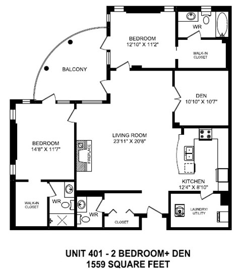 Floor plan for 2 beds, 2.5 baths, 1559 sqft
