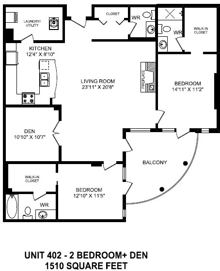 Floor plan for 2 beds, 2.5 baths, 1513 sqft