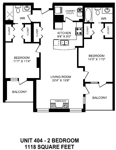 Floor plan for 2 beds, 2 baths, 1118 sqft