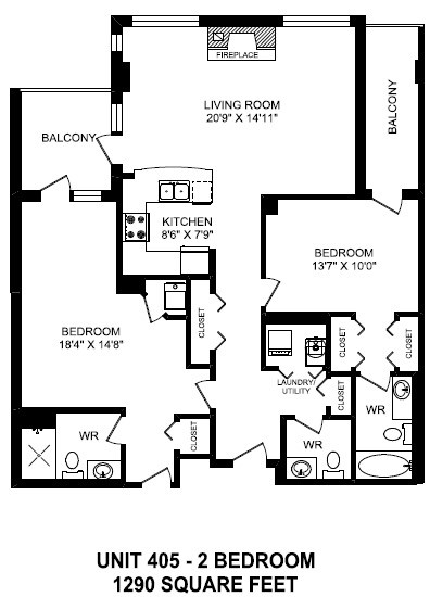 Floor plan for 2 beds, 2.5 baths, 1290 sqft