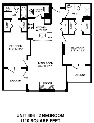 Floor plan for 2 beds, 2 baths, 1110 sqft