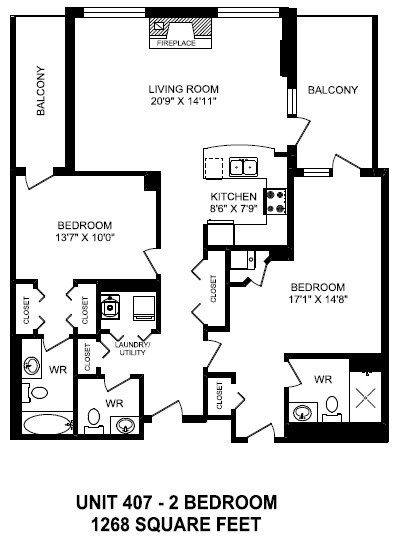 Floor plan for 2 beds, 2.5 baths, 1268 sqft