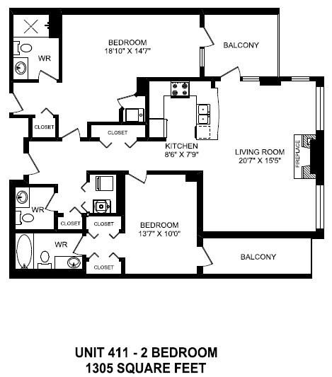 Floor plan for 2 beds, 2.5 baths, 1305 sqft