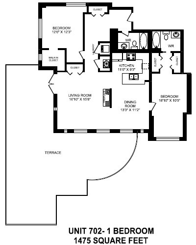Floor plan for 2 beds, 2 baths, 1475 sqft