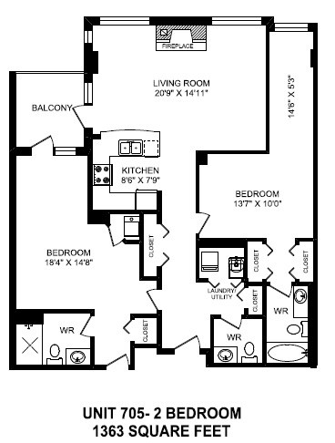Floor plan for 2 beds, 2.5 baths, 1363 sqft