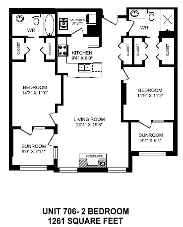 Floor plan for 2 beds, 2 baths, 1261 sqft